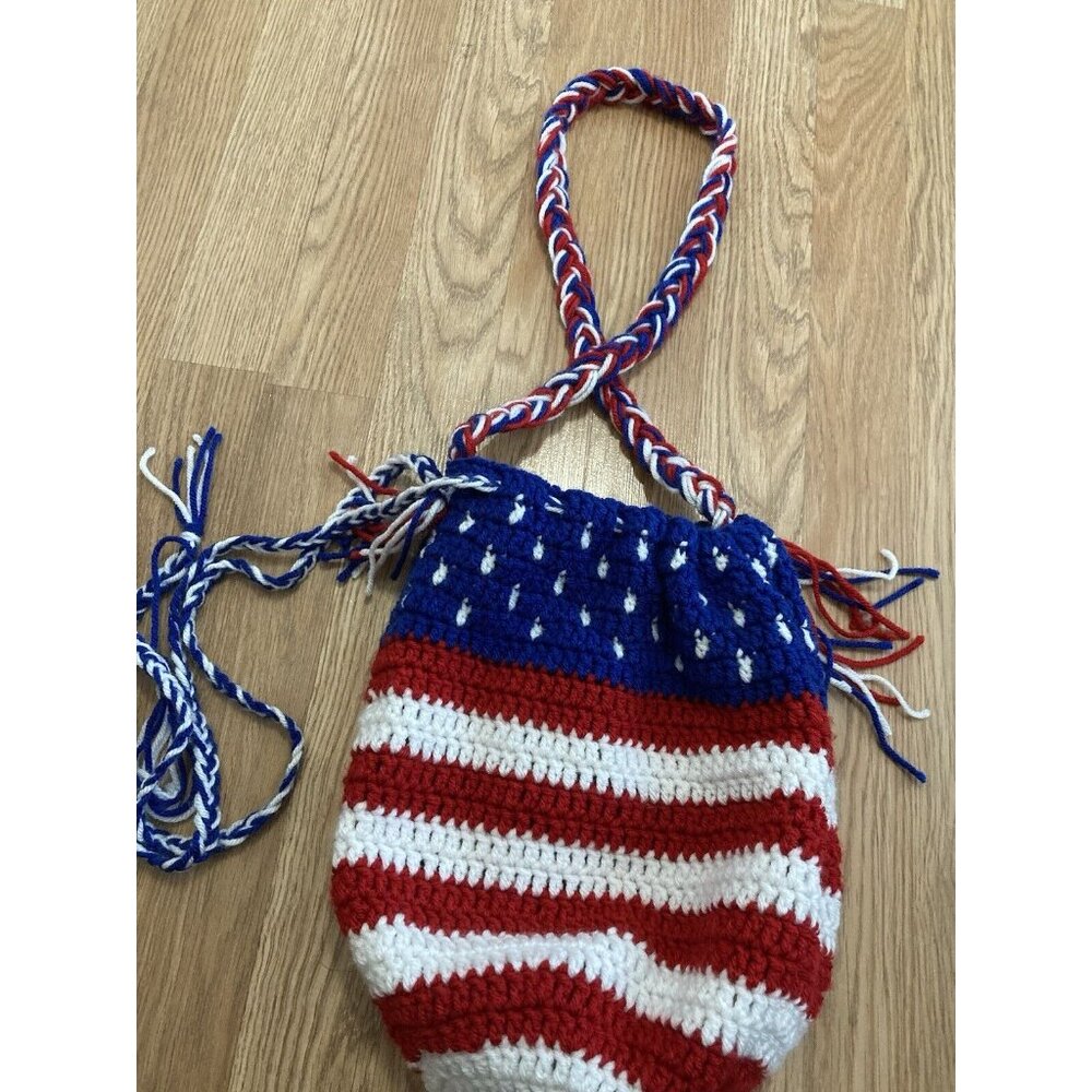 Americana Crochet Shoulder Bag Red White Blue Patriotic Stars Stripes Handmade - Picture 2 of 4